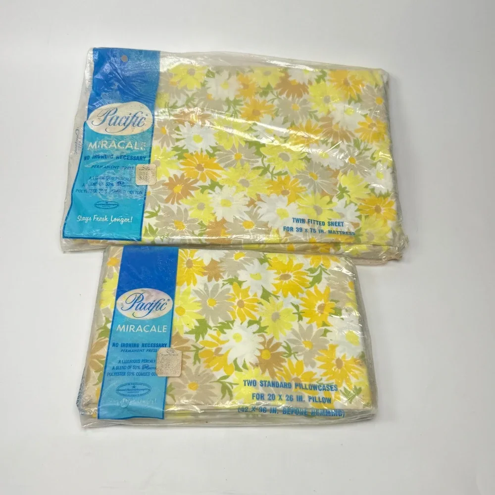 NEW Vintage Pacific Miracale Twin Flat Sheet & 2 Pillowcases Retro Groovy Daisy
